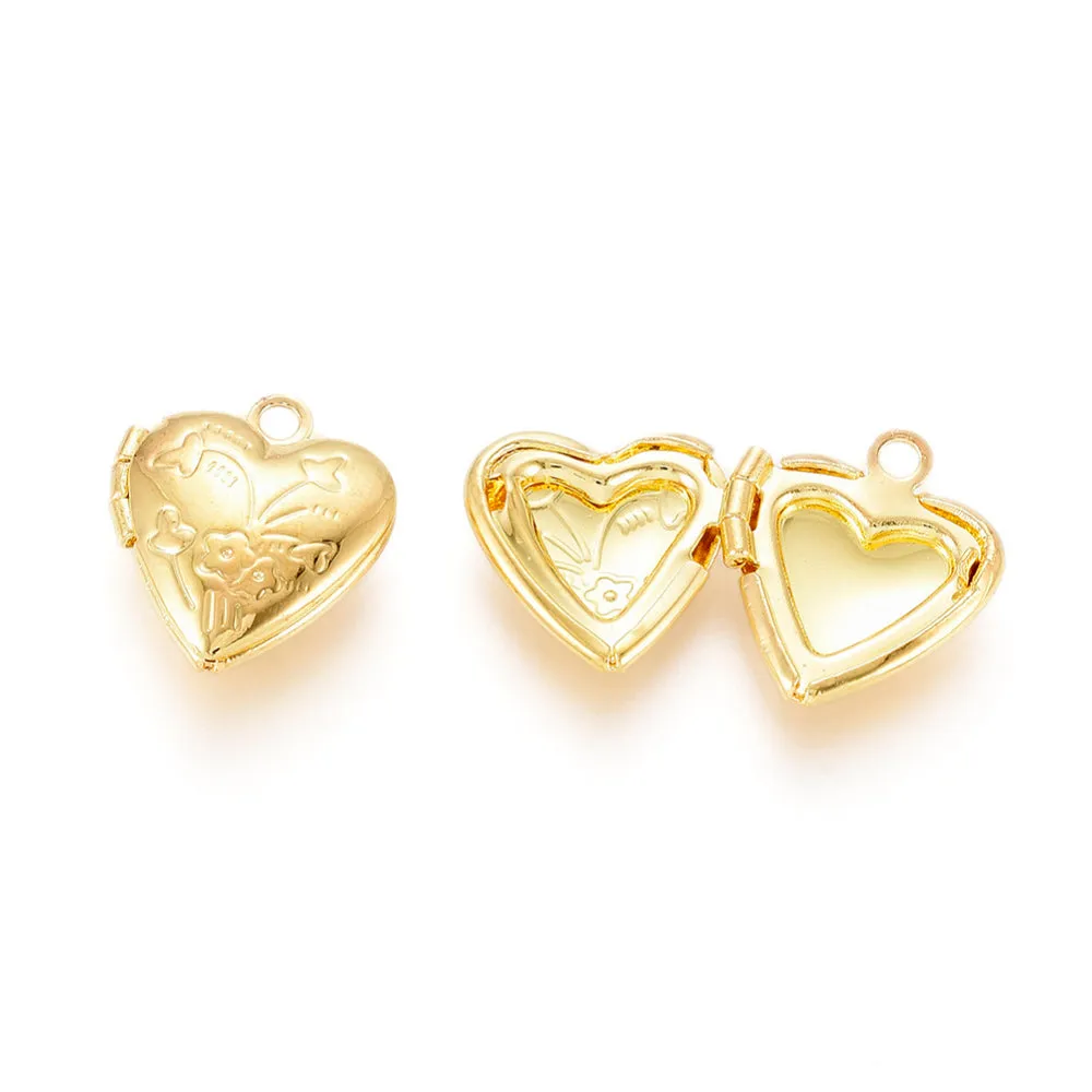 15.2x13.2x4.6mm, Brass Locket Pendants, Photo Frame Heart Charms Golden,