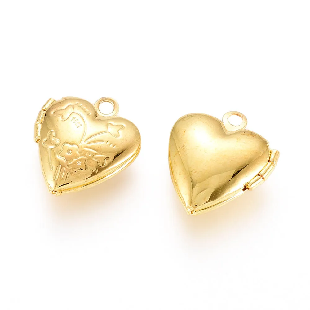 15.2x13.2x4.6mm, Brass Locket Pendants, Photo Frame Heart Charms Golden,