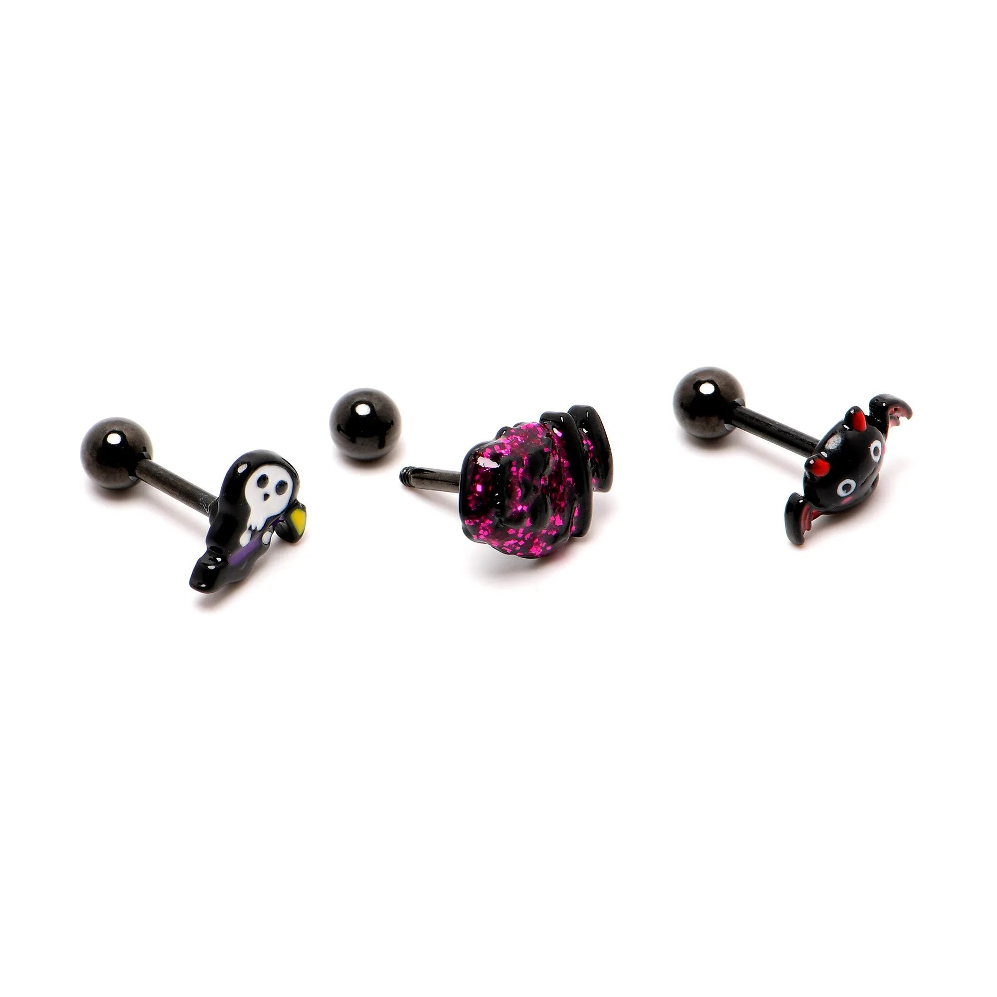 16 Gauge 1/4 Black Halloween Skull Bat Reaper Cartilage Earring Set of 3
