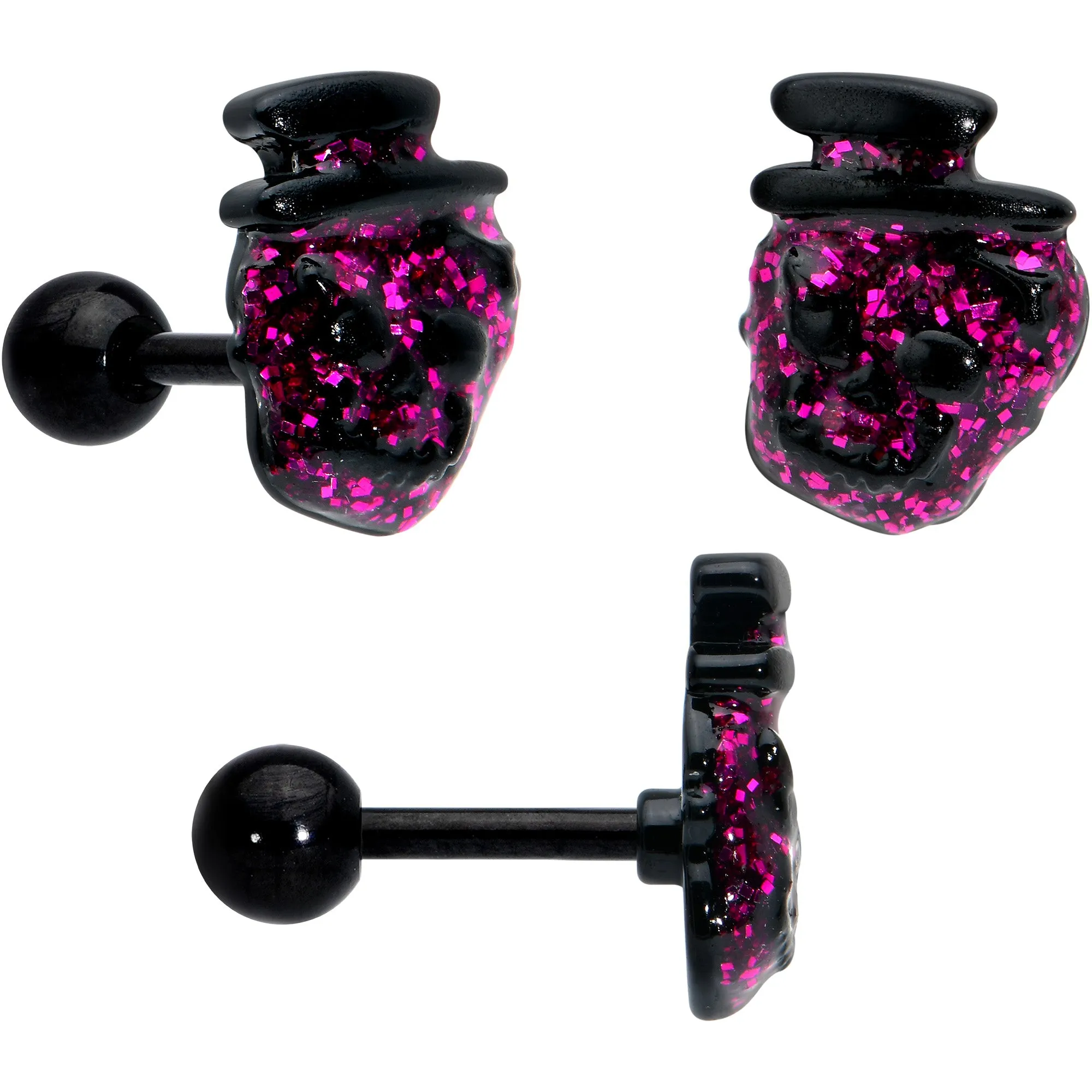 16 Gauge 1/4 Black Halloween Skull Bat Reaper Cartilage Earring Set of 3