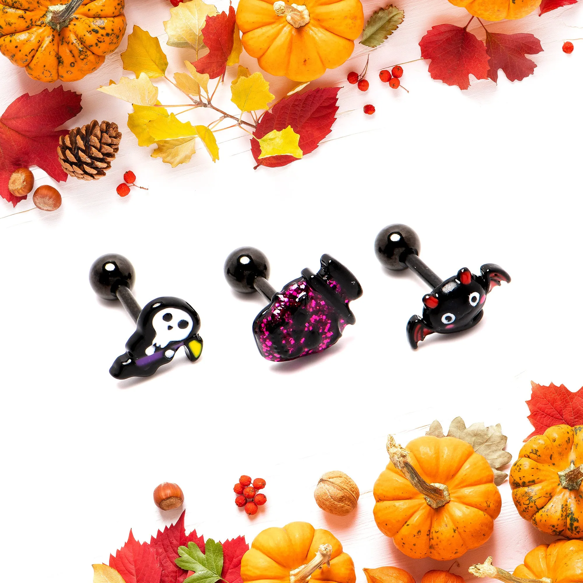 16 Gauge 1/4 Black Halloween Skull Bat Reaper Cartilage Earring Set of 3