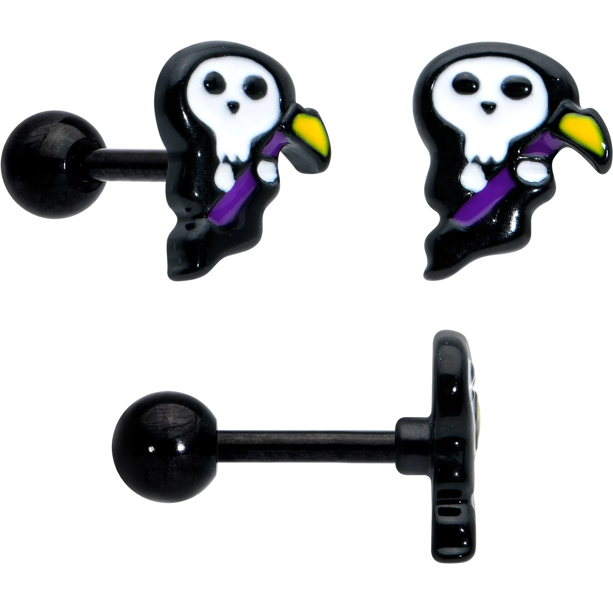 16 Gauge 1/4 Black Halloween Skull Bat Reaper Cartilage Earring Set of 3