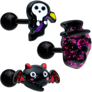 16 Gauge 1/4 Black Halloween Skull Bat Reaper Cartilage Earring Set of 3