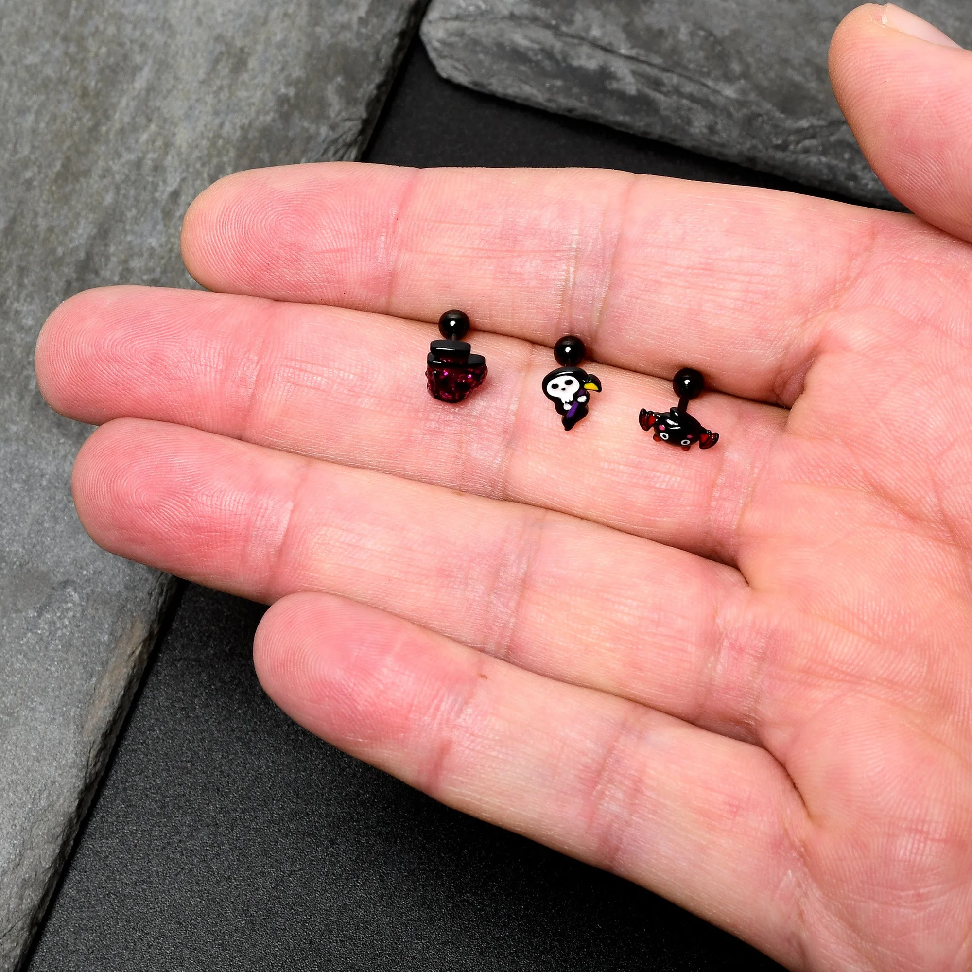16 Gauge 1/4 Black Halloween Skull Bat Reaper Cartilage Earring Set of 3