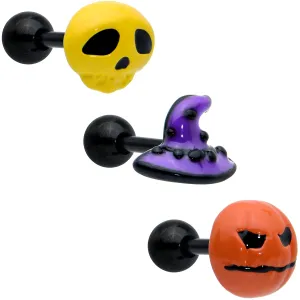 16 Gauge 1/4 Black Skull Pumpkin Cartilage Tragus Earring Set of 3
