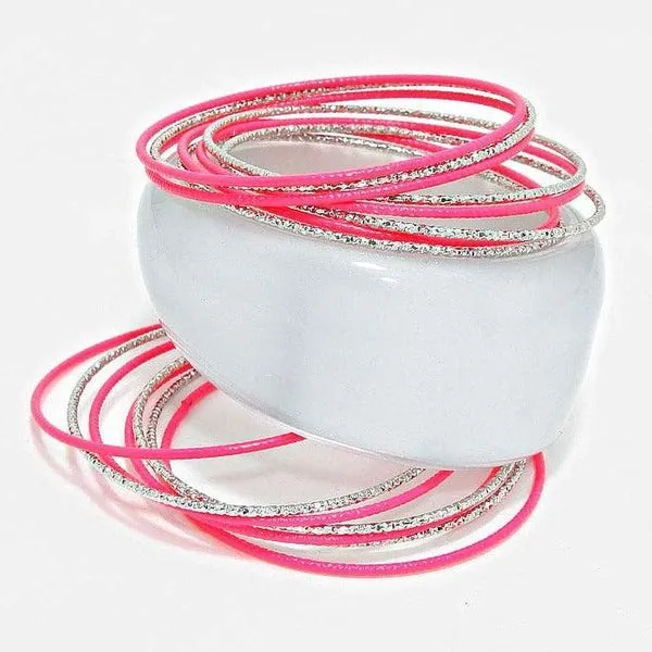 16 Layered Pink & Silver Stackable Bangle Bracelet Set