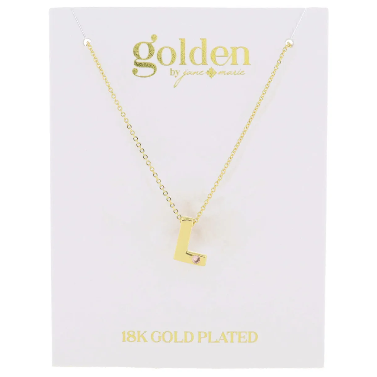 18K Gold Plated Thick Block Initial with Mini Light Pink Crystal Accent Necklace