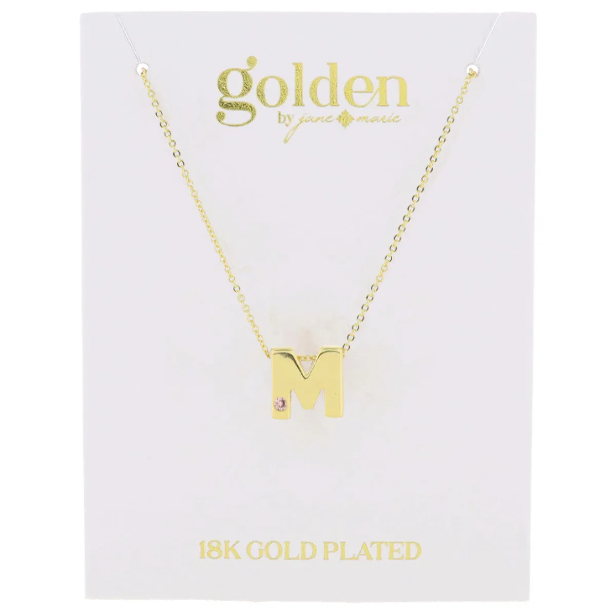 18K Gold Plated Thick Block Initial with Mini Light Pink Crystal Accent Necklace
