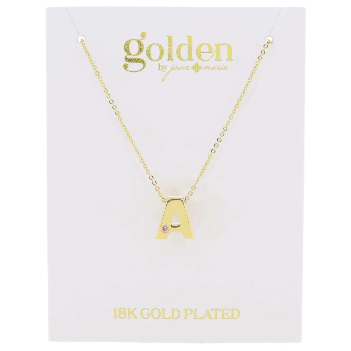 18K Gold Plated Thick Block Initial with Mini Light Pink Crystal Accent Necklace