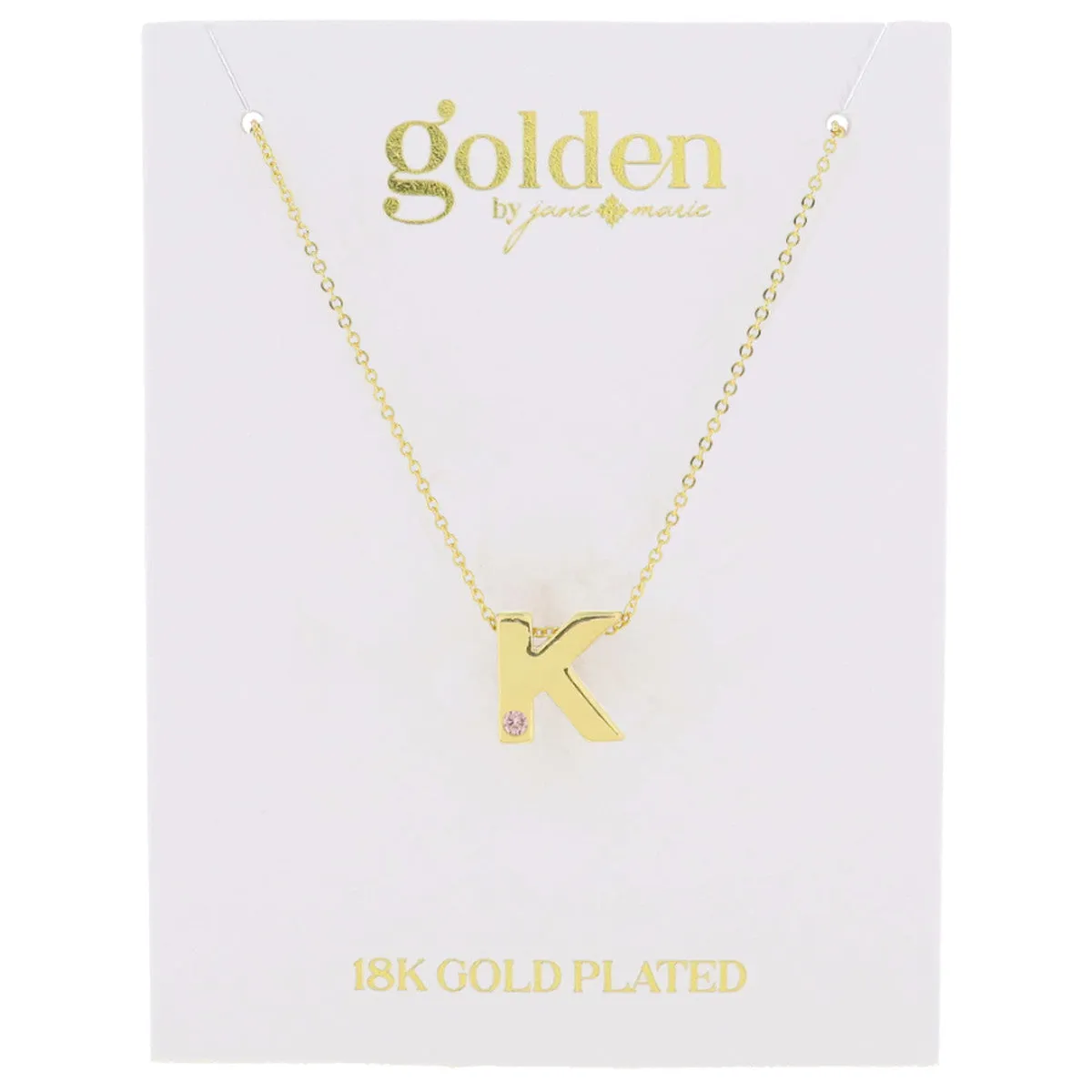 18K Gold Plated Thick Block Initial with Mini Light Pink Crystal Accent Necklace
