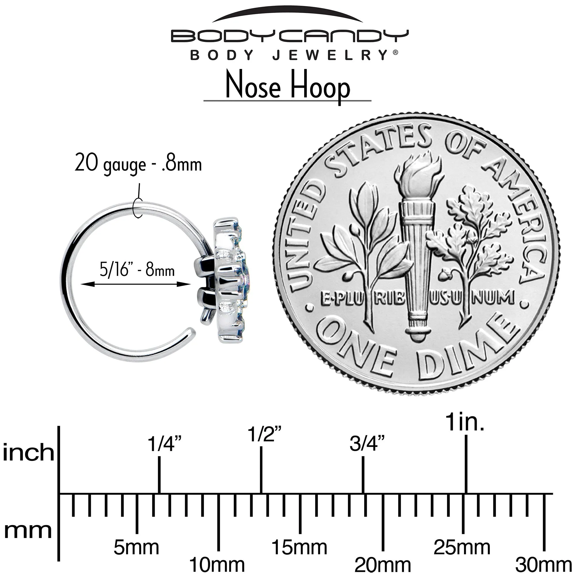 20 Gauge 5/16 Vitrail CZ Gem Beauty Cross Nose Hoop