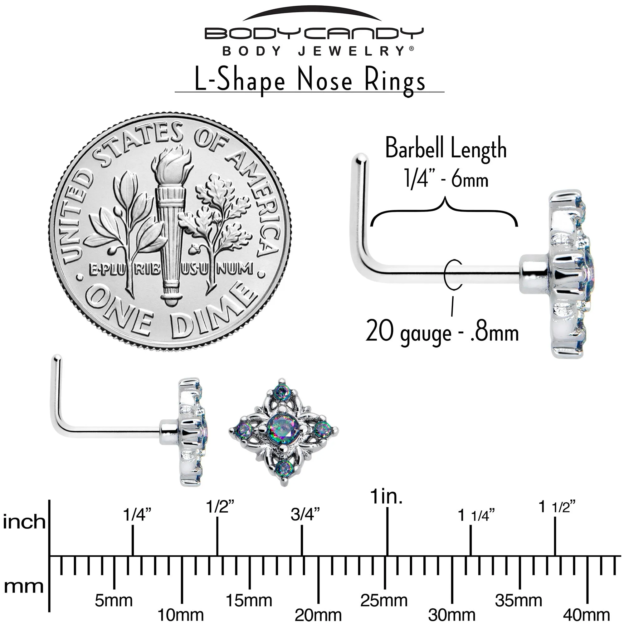 20 Gauge 7mm Vitrail CZ Gem Beauty Cross L Shape Nose Ring