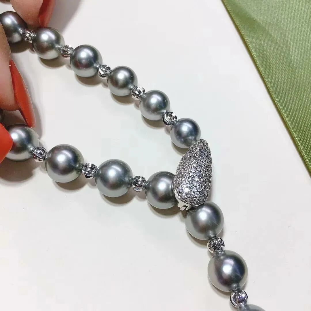 24 Inch Matinee Length 8.0-11.0 mm Round Tahitian Silver Gray Pearl Rosary Necklace