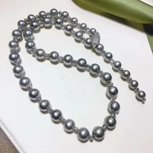 24 Inch Matinee Length 8.0-11.0 mm Round Tahitian Silver Gray Pearl Rosary Necklace