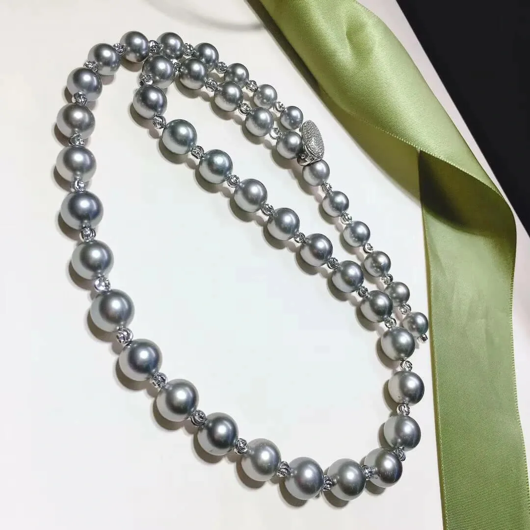 24 Inch Matinee Length 8.0-11.0 mm Round Tahitian Silver Gray Pearl Rosary Necklace