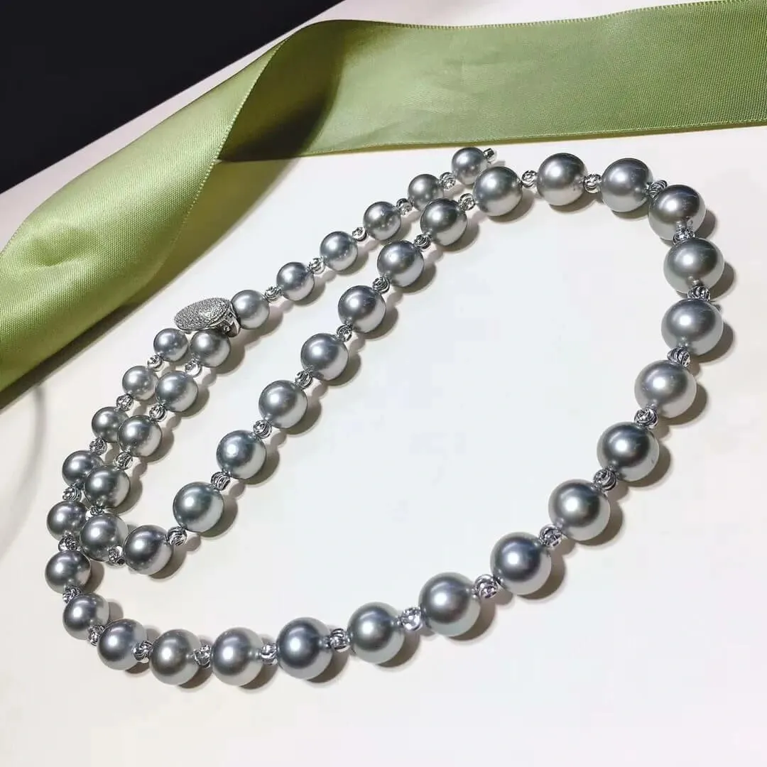 24 Inch Matinee Length 8.0-11.0 mm Round Tahitian Silver Gray Pearl Rosary Necklace