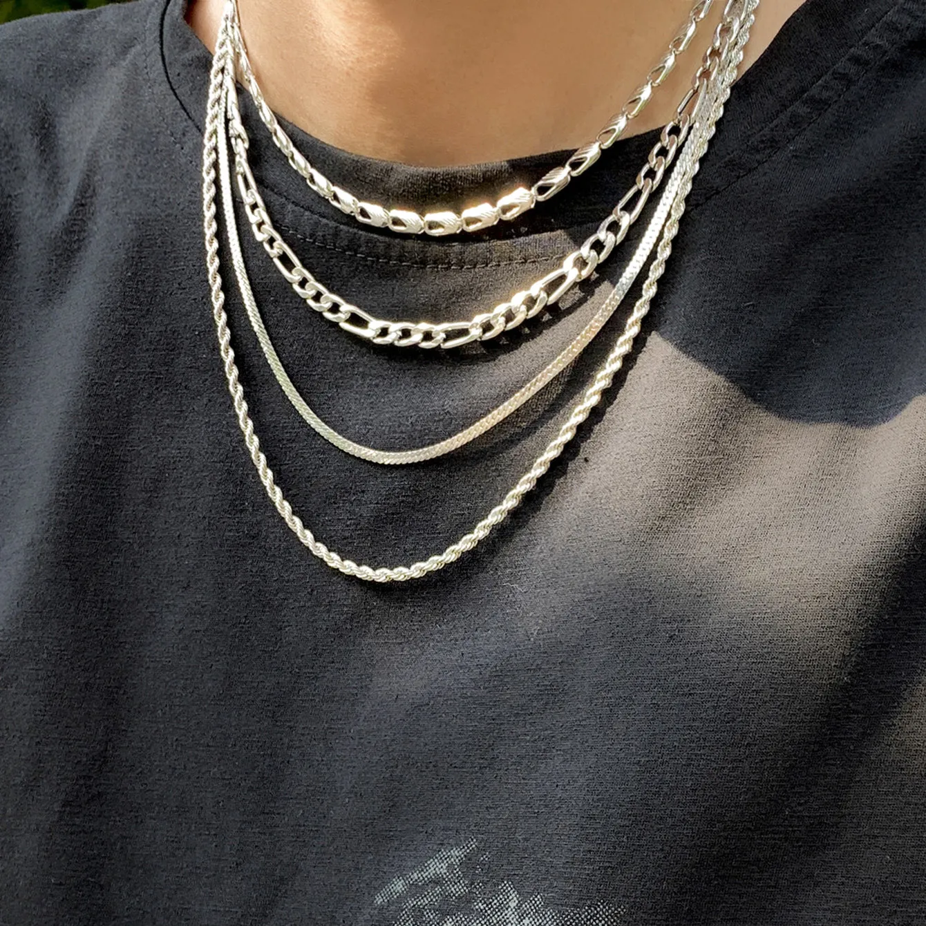 4pcs Men's Hollow Chain Multilayer Necklace Set