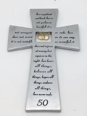 50th Anniversary Wall Cross with Gold Rings (7")