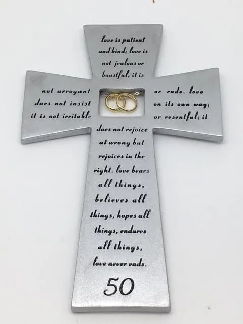 50th Anniversary Wall Cross with Gold Rings (7")