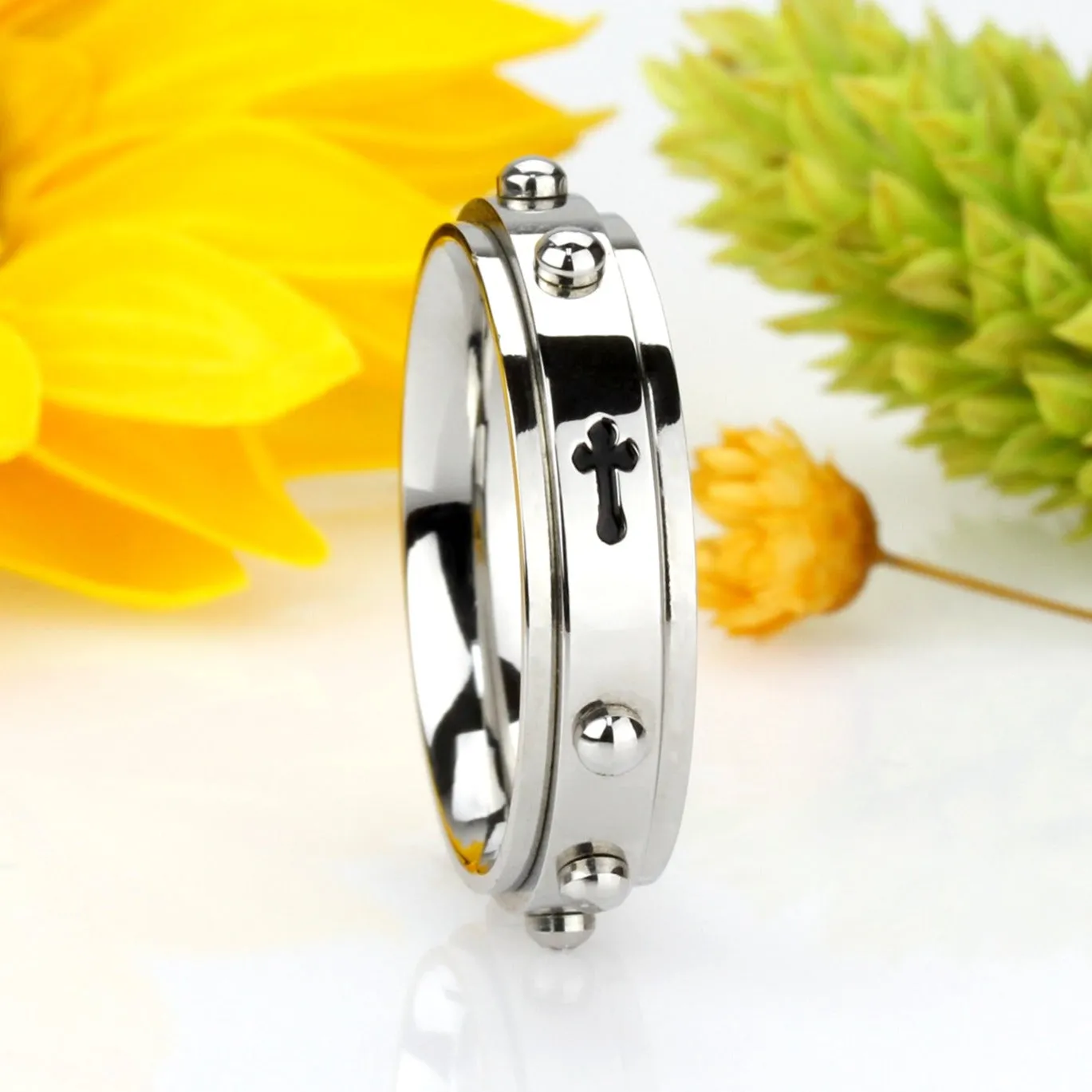 6mm Stainless Steel Ring Cross Rosary Spinner Praying Ring