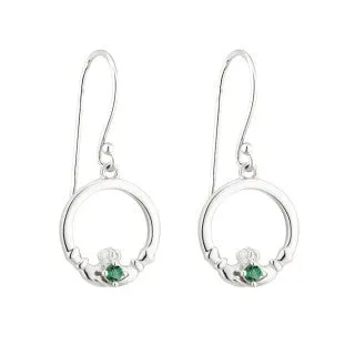 Acara Sterling Silver Claddagh Drop Earring with Green Crystal