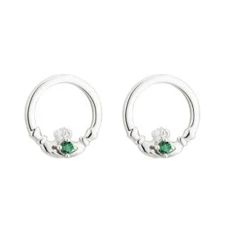 Acara Sterling Silver Claddagh Stud Earring with Green Crystal