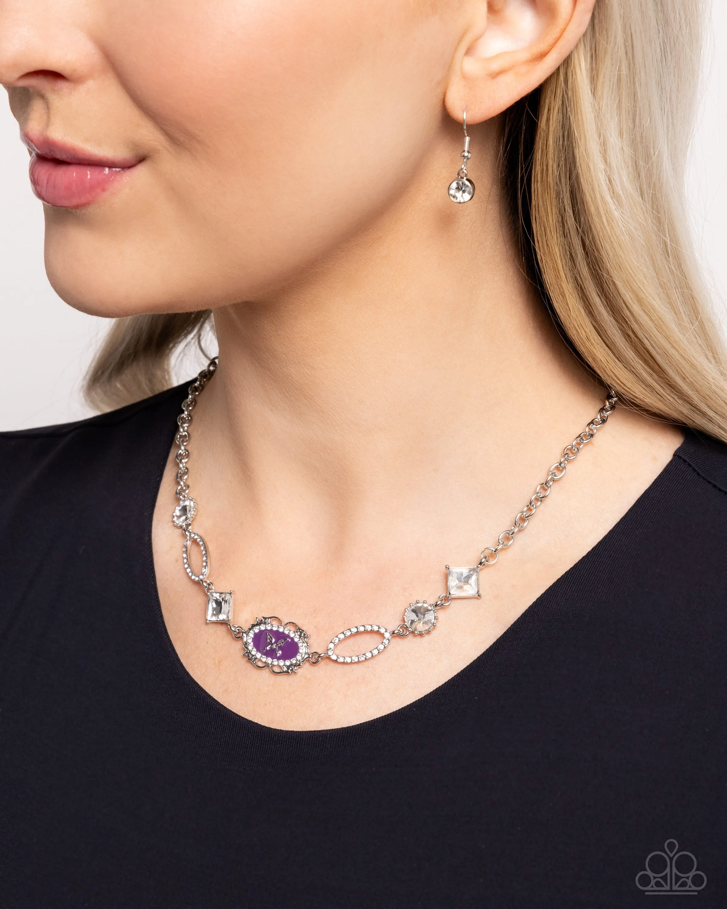 Aerial Approval - Purple - Painted Oval Frame Silver Butterfly White Gem Paparazzi Short Necklace