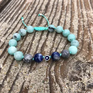Amazonite, Picasso Jasper & Sodalite Adjustable Beaded Bracelet with Eye of Protection