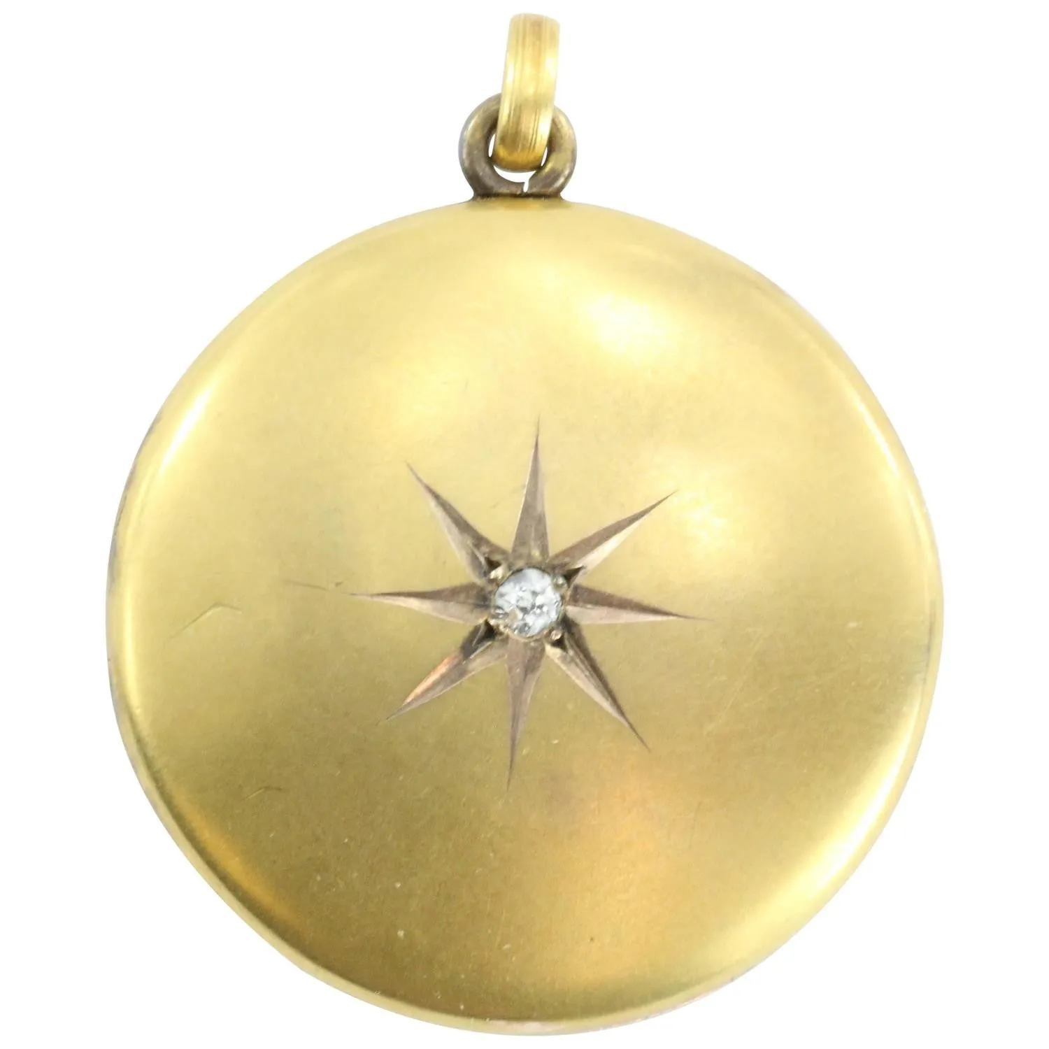 Antique Victorian 14K Old Mine Cut Diamond Round Locket Burnished Satin Pendant