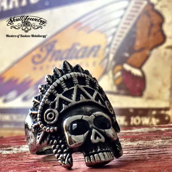 Apache Headress - Skull Ring w/ Black Gemstone Eyes - (610)