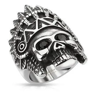 Apache Headress - Skull Ring w/ Black Gemstone Eyes - (610)