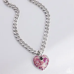 Ardent Affection - Pink - and Iridescent Heart Silver Curb Chain Paparazzi Short Necklace