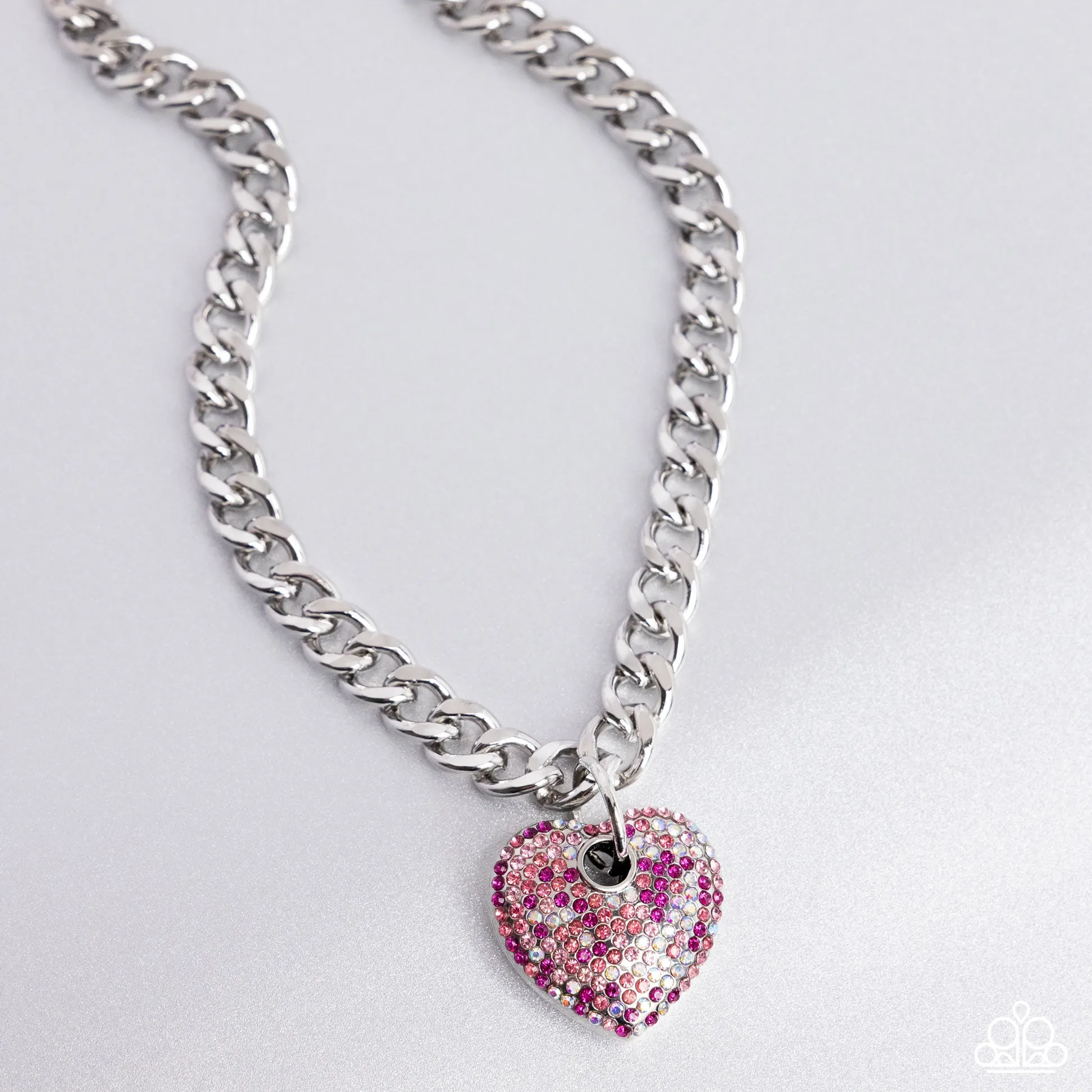 Ardent Affection - Pink - and Iridescent Heart Silver Curb Chain Paparazzi Short Necklace