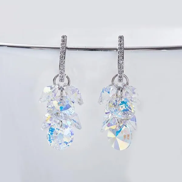 Aurora Borealis  Dangling Cluster Grapevine Earrings in 14K White Gold