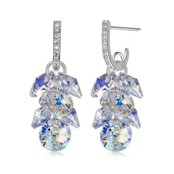 Aurora Borealis  Dangling Cluster Grapevine Earrings in 14K White Gold
