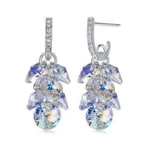 Aurora Borealis  Dangling Cluster Grapevine Earrings in 14K White Gold