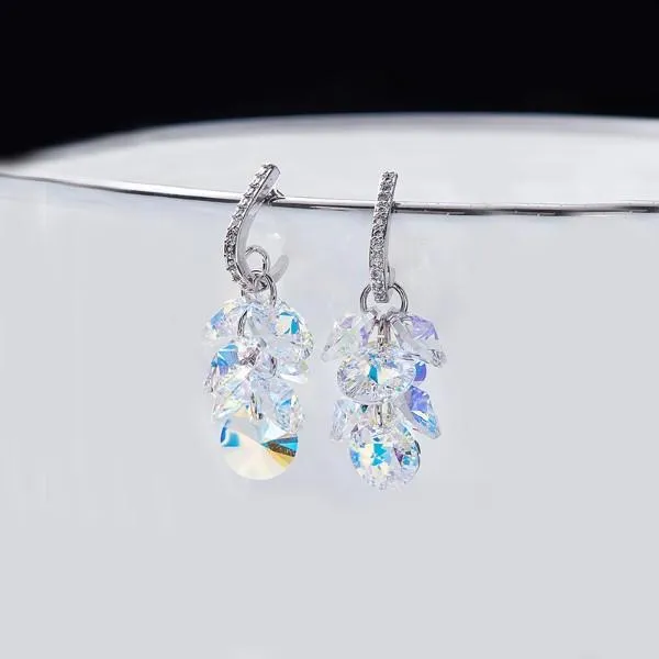 Aurora Borealis  Dangling Cluster Grapevine Earrings in 14K White Gold