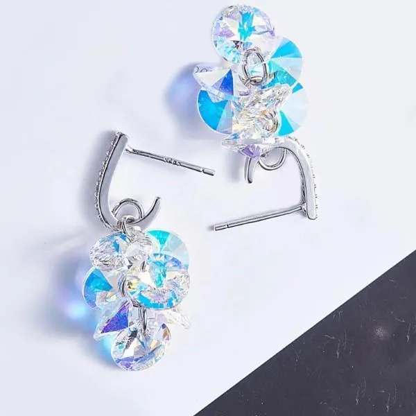 Aurora Borealis  Dangling Cluster Grapevine Earrings in 14K White Gold