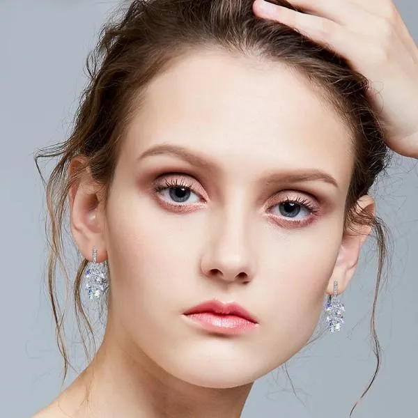 Aurora Borealis  Dangling Cluster Grapevine Earrings in 14K White Gold
