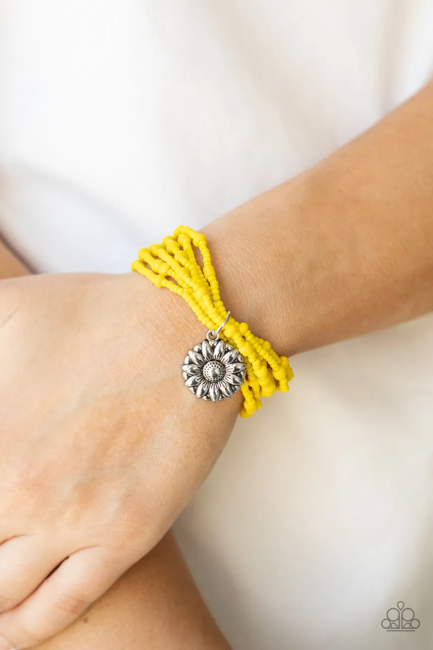 Badlands Botany - Yellow - Seed Bead Silver Flower Paparazzi Stretchy Bracelet