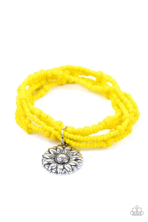Badlands Botany - Yellow - Seed Bead Silver Flower Paparazzi Stretchy Bracelet