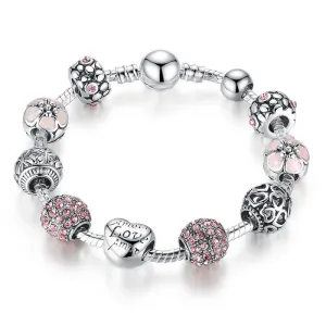BAMOER Antique 925 Silver Charm Bangle & Bracelet with Love and Flower Crystal Ball Women Wedding Valentine's Day Gift PA1455