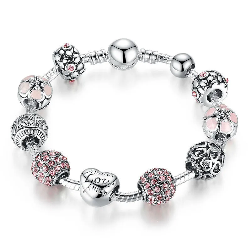 BAMOER Antique 925 Silver Charm Bangle & Bracelet with Love and Flower Crystal Ball Women Wedding Valentine's Day Gift PA1455