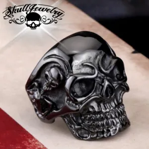Black Biker Skull Ring With Side Skeletons (#010BLACK)