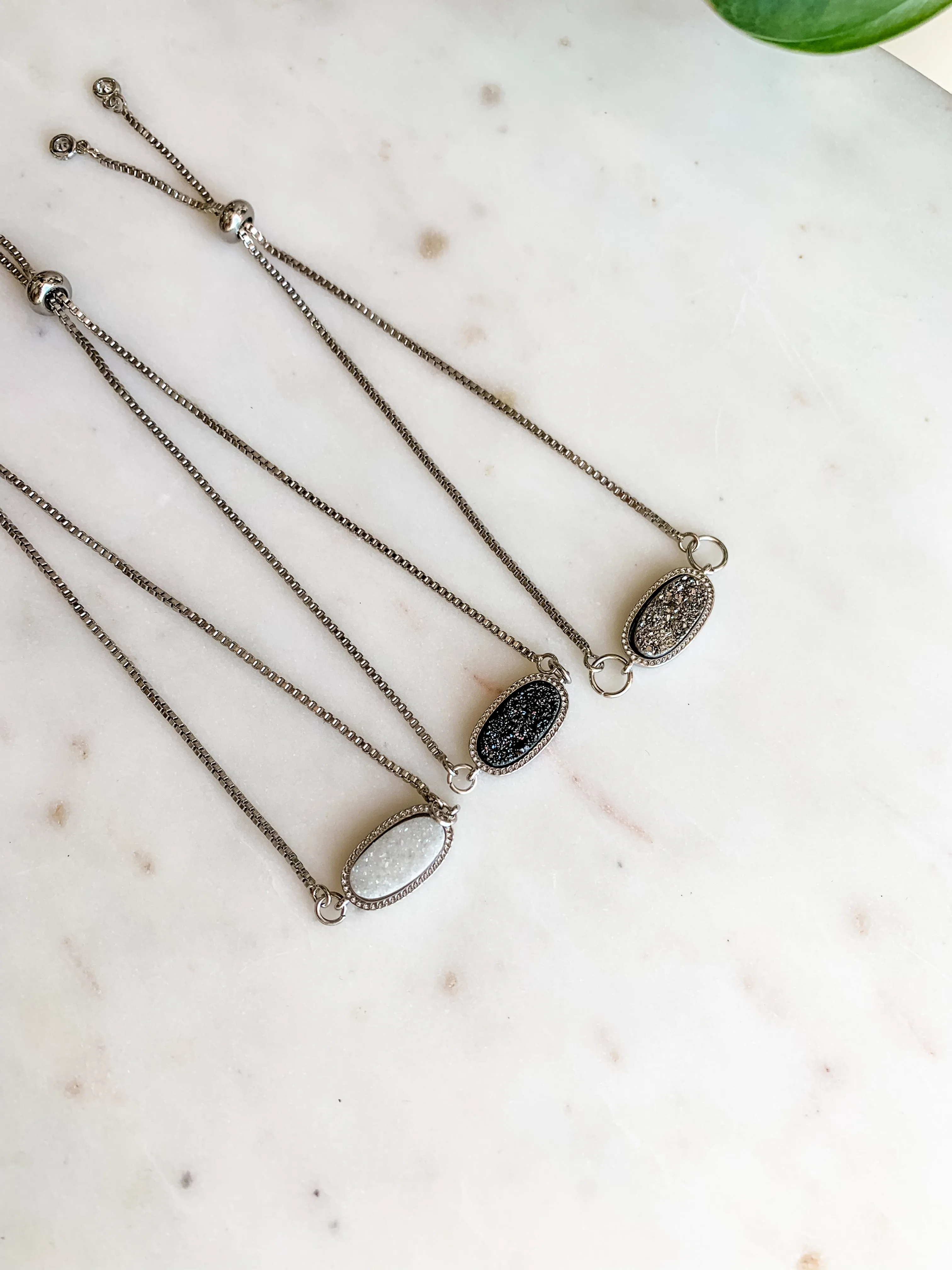 Black Druzy Silver Bolo Bracelet