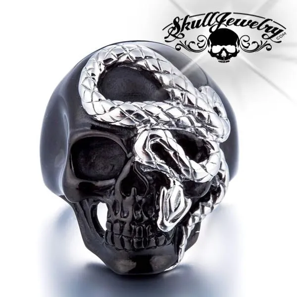 Black 'Here I Go Again' Stainless Steel Skull Ring (#075Black)