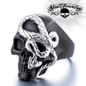 Black 'Here I Go Again' Stainless Steel Skull Ring (#075Black)