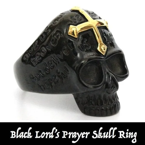 BLACK 'Lords Prayer' Skull Ring with Gold Cross on Forehead (#455)