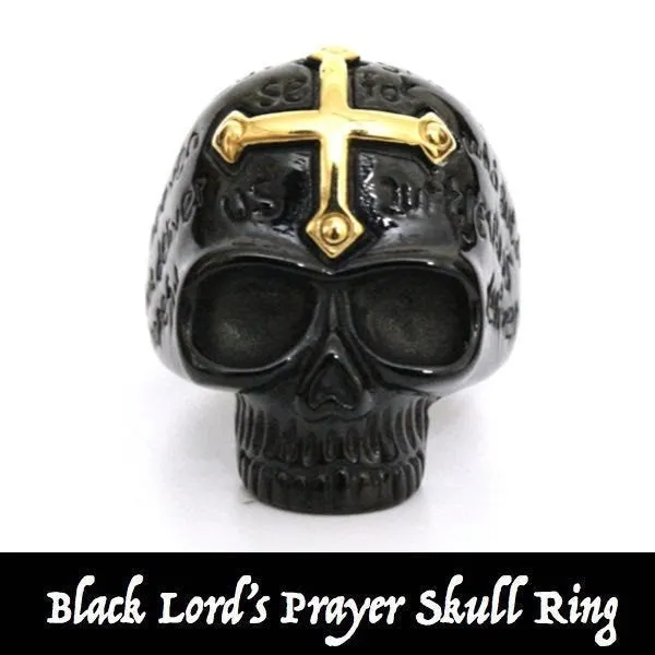 BLACK 'Lords Prayer' Skull Ring with Gold Cross on Forehead (#455)