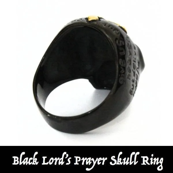 BLACK 'Lords Prayer' Skull Ring with Gold Cross on Forehead (#455)